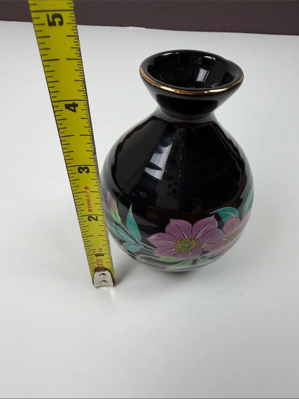 Vintage Black Floral Bud Vase Japan Hand Painted Pink Flowers Gold Trim Ceramic